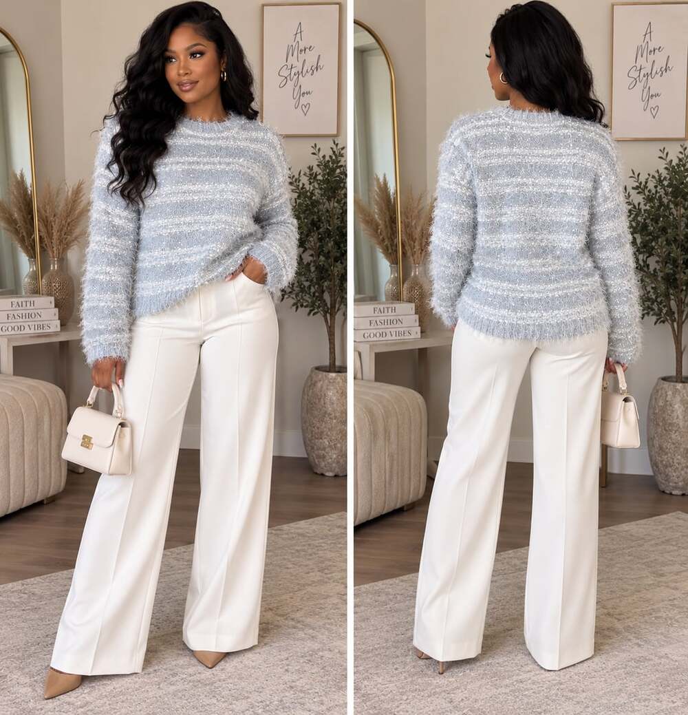 Coquette Fuzzy Striped Sweater Soft Blue White Sparkle Knit Medium